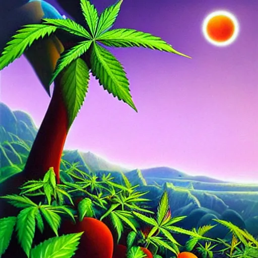 Image similar to surrealistic painting of cannabis dense bushes on alien planet, colourful morning, by vladimir kush