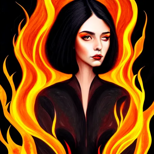 Image similar to portrait, woman with black hair called the lady of ash, elegant, illustration, fire, magic, detailed, intricate, sharp focus, digital painting