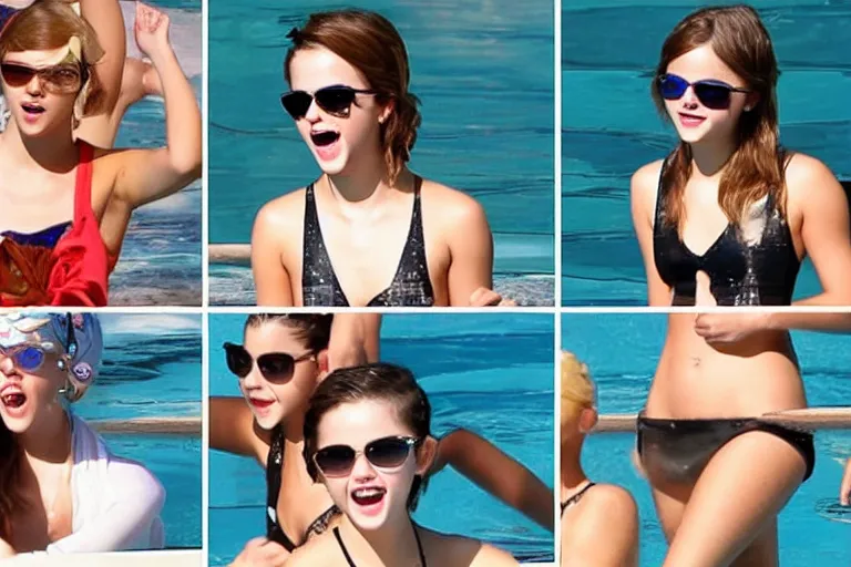 Image similar to emma watson and taylor swift and selena gomez swim together. perfect faces.