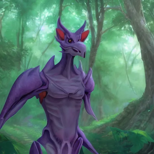 Image similar to concept art painting of an anthropomorphic purple humanoid bipedal dragon, in the deep forest, realistic, detailed, cel shaded, in the style of makoto shinkai and greg rutkowski and james gurney