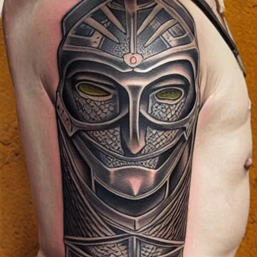 Prompt: A german knight in armor designed by alex grey, tattoo, tattoo art, Black and grey tattoo style