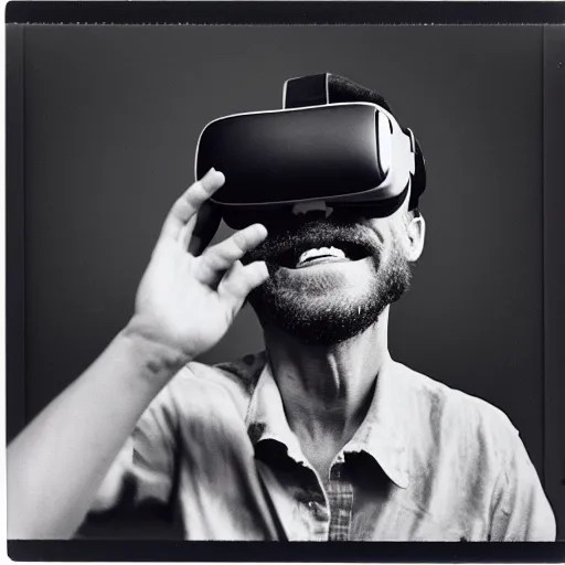 Image similar to Terrence McKenna sitting Down laughing with a VR headset on, 1994, Polaroid