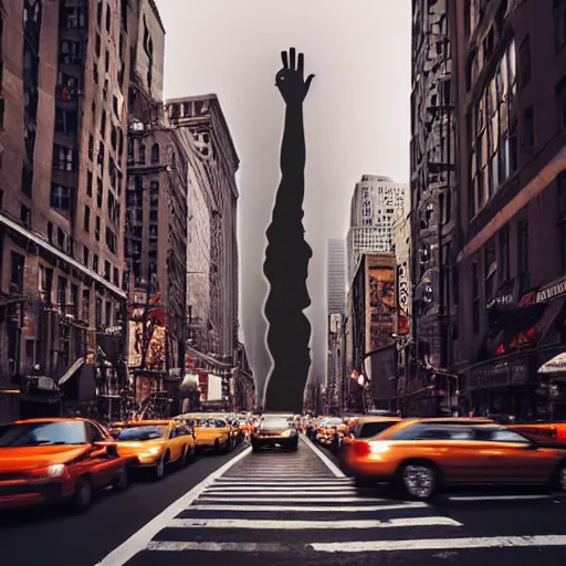 Prompt: a giant hand appear from street of new york, photorealistic, cinematic, real