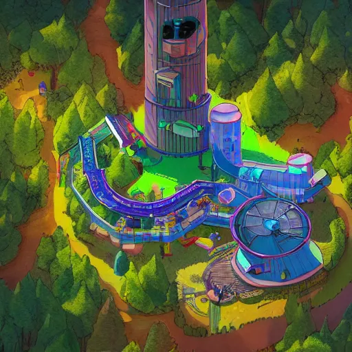 Prompt: hyper realistic adventure time treehouse, cyberpunk, aerial photograph, bright colours