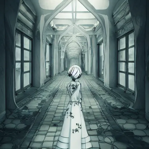 Image similar to a creepy porcelain doll - like woman walking through a bright white staircase with many doors and hallways, mc escher architecture, very detailed background, epic composition, anime key visual, anime style, by makoto shinkai