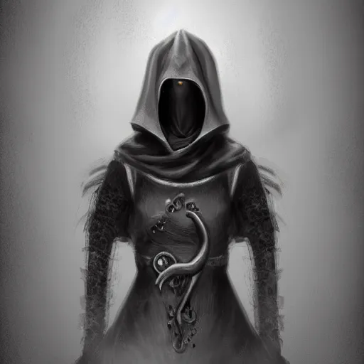 Image similar to female plague doctor donning a black hood, steel armor and a white crow mask, trending on artstation