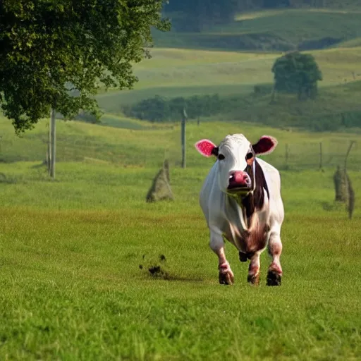 Prompt: cow running from a cage to a countryside