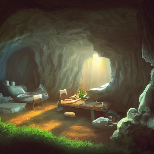 Image similar to cabin in a cave, artstation, digital art, felix Kelly