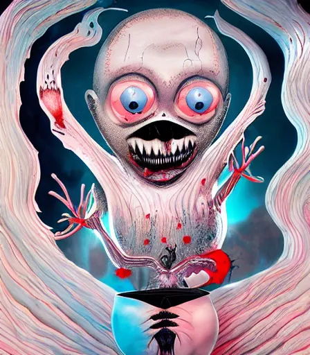 Image similar to Tim Burton style Freezing by Alex Pardee and Nekro and Petros Afshar, and James McDermott,unstirred paint, vivid color, cgsociety 4K