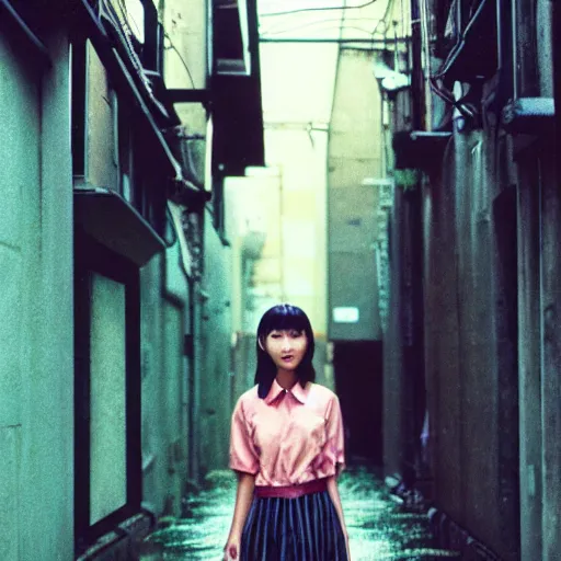 Image similar to 1990s perfect 8K HD professional cinematic photo of close-up japanese schoolgirl posing in sci-fi dystopian alleyway at morning during rain, at instagram, Behance, Adobe Lightroom, with instagram filters, depth of field, taken with polaroid kodak portra