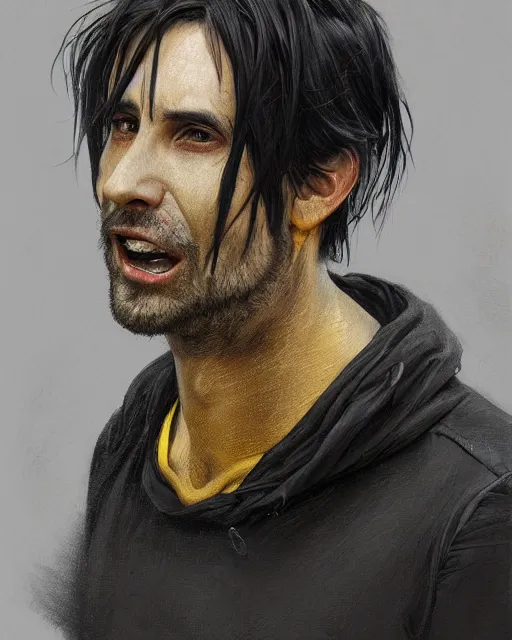 Prompt: portrait of a 3 2 - year - old man wearing black clothes, with black, greasy, mid - length hair, hooked nose, dark brown eyes, yellow uneven teeth, highly detailed, digital painting, artstation, concept art, smooth, sharp focus, illustration, art by artgerm and greg rutkowski and alphonse mucha