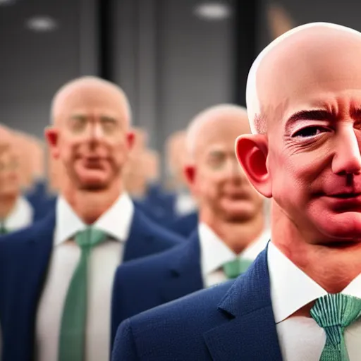 Image similar to a close up of a clone army of Jeff Bezos, preparing to board a large rocket. Hyper realistic, photojournalism.