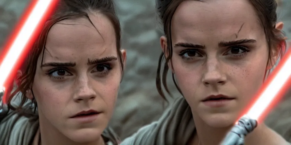 Image similar to emma watson as rey in the new star wars movie, cinematic, detailed, ultrawide