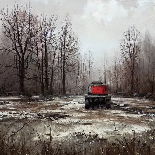 Image similar to painting by jakub rozalski of post abandoned soviet city