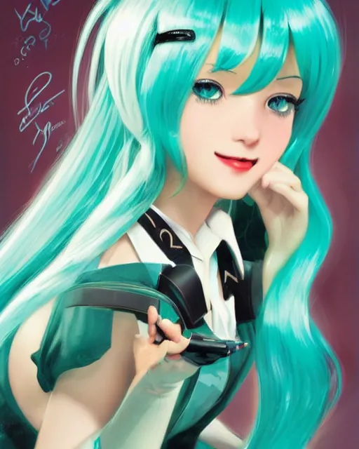 Image similar to Hatsune Miku post card by Gil Elvgren and Daniela Uhlig