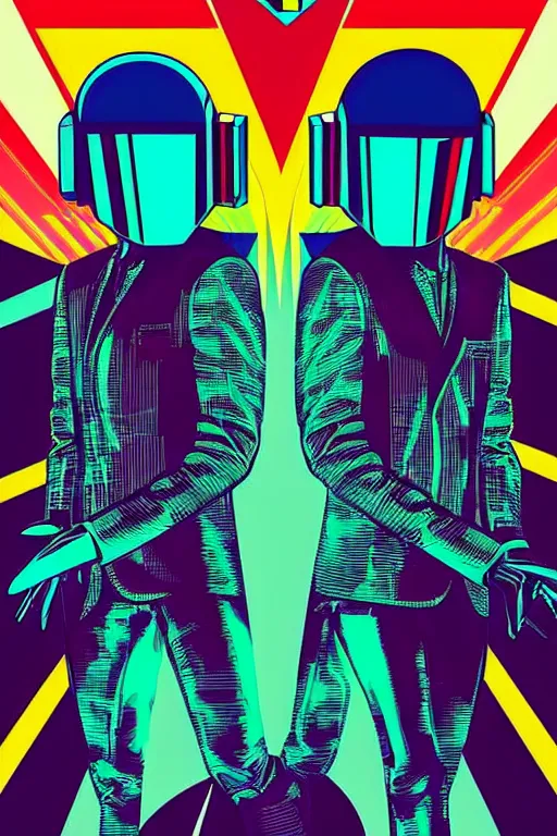 Prompt: a 8 0 s art deco poster of daft punk alive 2 0 0 7 pyramid festival stage, poster art by kilian eng, moebius, behance contest winner, psychedelic art, concert poster, poster art, maximalist