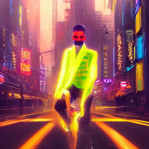 Prompt: a beautiful commission portrait of a male mustache canary wearing a neon jacket, futuristic, detailed face, cyberpunk city, deviantart, artstation, art by greg rutkowski, ross tran, professional lighting, neon city, night, raytracing, highly realistic,4k,dramatic,hyperrealism