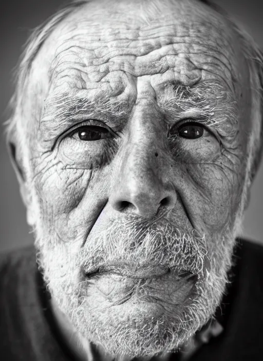 Image similar to A portrait photo of an old man with only one eye, high contrast, black and white