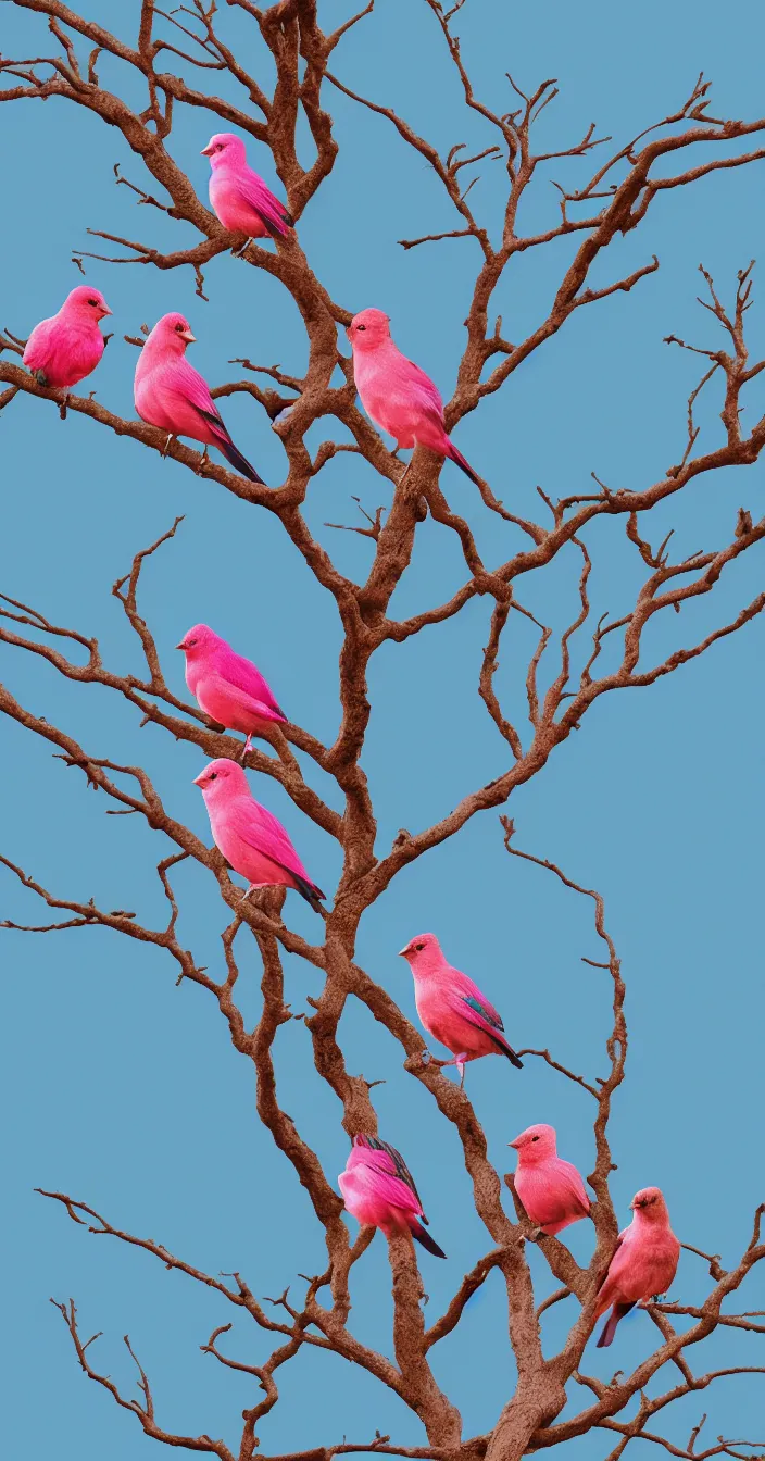 Prompt: highly detailed realistic photo of pink and blue colored birds sitting on tree, green smooth dark background, vibrant colors, award winning masterpiece photography, hyper realistic, concept art, 8 k detail post - processing