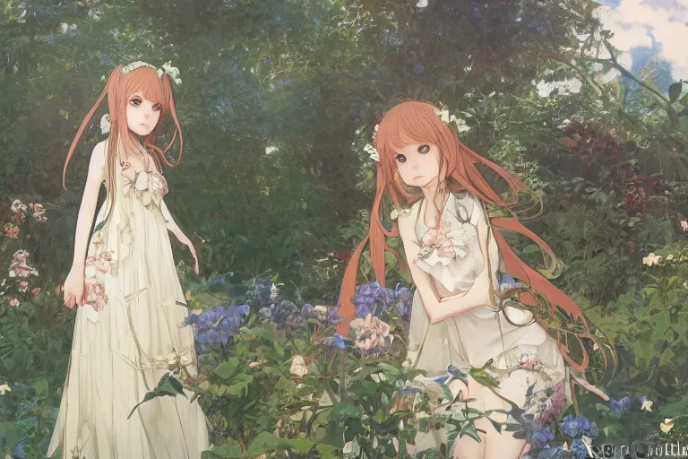 Image similar to a digital art of a loli with long hair in a dress in the privet garden at after noon, by krenz cushart and mucha and akihito yoshida and greg rutkowski and makoto shinkai, detailed eyes, 4 k resolution 、 trending on art station