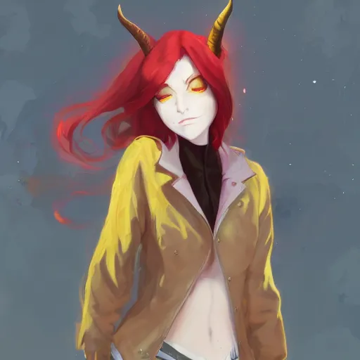 Image similar to a pale redheaded demoness with yellow eyes and horns wearing a jacket, highly detailed, digital painting, artstation, matte, by makoto shinkai, animation style