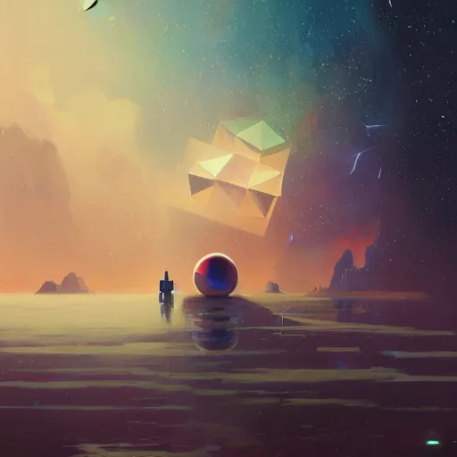 Image similar to greg rutkowski, beeple, a painting by ralph mcquarrie of floating molecules and icosahedron with stars, clouds, and rainbows in the background, trending on artstation, masterpiece, incredible details