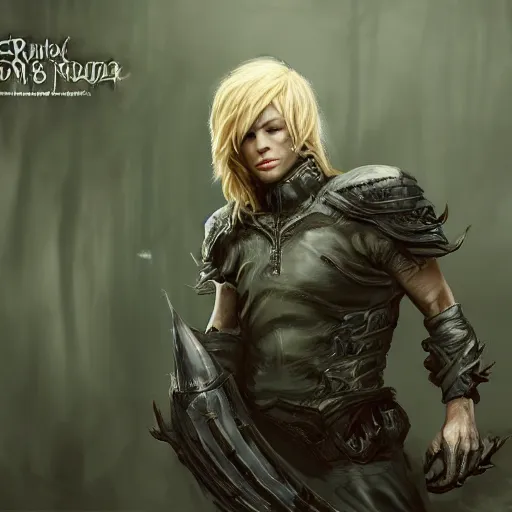 Image similar to blonde boy fantasy thief, realistic, ultra detailed, menacing, powerful, dark, shallow focus, forest, mountains in the background concept art design as if designed by Wētā Workshop