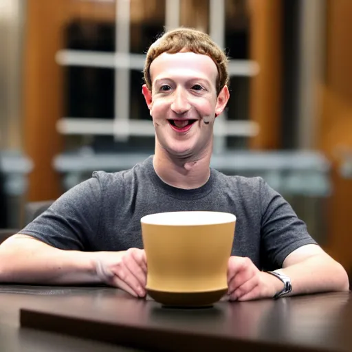 Image similar to mark zuckerberg holding circular wooden coaster and cup up to the camera