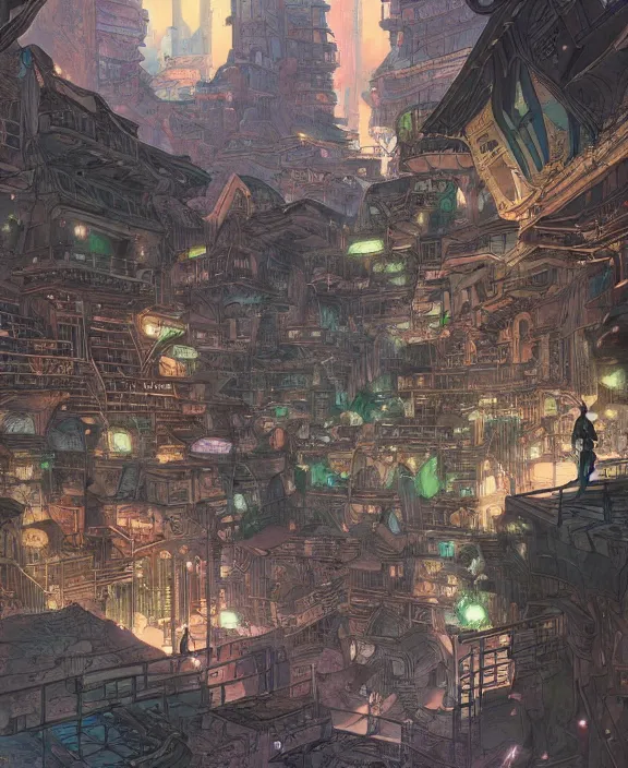 Image similar to a detailed manga style illustration of a subterranean city, by moebius and stephan martiniere, 4 k resolution, detailed, unreal engine, octane render, trending on artstation