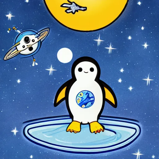 Prompt: an astronaut penguin floating in space with the moon in the background