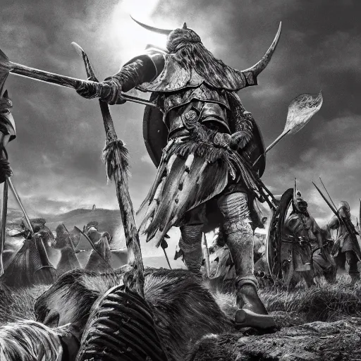 Image similar to vikings plunder the village and execute all the inhabitants in the style of kentaro miura, 4 k, 8 k, absolute detail of even the smallest details and particles, beautiful shadows, beautiful art, black and white drawing, high rendering of faces and characters