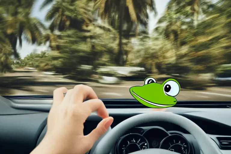 Image similar to human face as a frog driving a car, palm trees