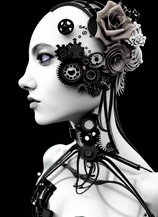 Image similar to black and white dreamy foggy gothic masterpiece profile face portrait, one steampunk eye biomechanical beautiful young female cyborg - robot, body ribs meshes, big monocular, volumetric light, hibiscus flowers, by hg giger, rim light, by dora maar, big gothic fashion pearl embroidered collar, 8 k