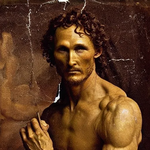 Prompt: “1800s era photograph of Michelangelo sculpting Matthew McConaughey as David, hyperrealistic, hd, faded, cracked, stained”