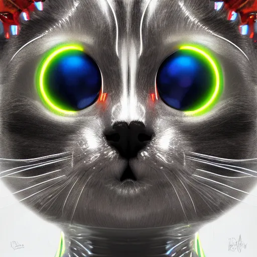 Image similar to chrome kitten, glossy, metallic, neon, symmetrical, tribal patterns, realistic, unreal engine, octane, redshift, artstation, behance