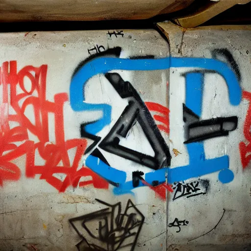 Prompt: Painted graffiti on abandoned subway tunnel. Old, worn sign for something. Lots of detail.