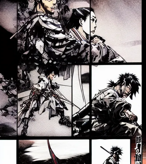 Prompt: a scene of a samurai remembering his first love, comic book art, by yoji shinkawa and takehiko inoue and kim jung gi, masterpiece, perfect