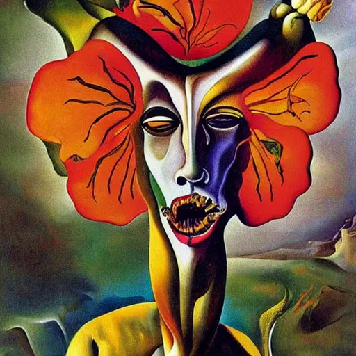 Prompt: carnivorous flower by Salvador Dali painting, ultra detail, brush strokes, teeth.