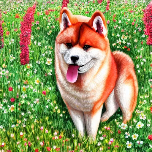 Prompt: a red akita inu wearing a kimono, in a field of flowers, highly detailed 4k digital painting