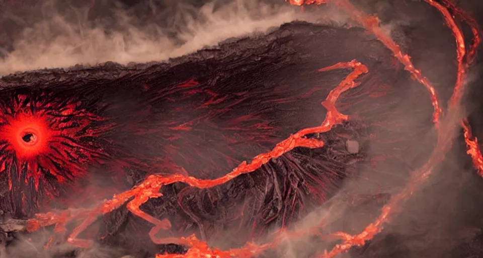 Image similar to a volcano made of ivory vines and crimson rocks enters in eruption, it spits a smoke in the shape of demonic eye, from Starcraft