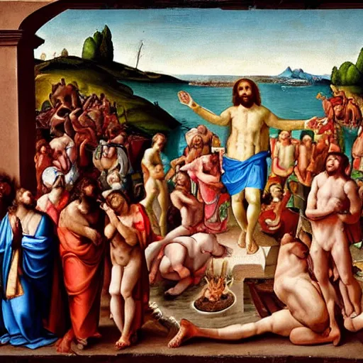 Image similar to A Renaissance painting of Jesus at a pool party with Greek and Hindu deities, highly detailed