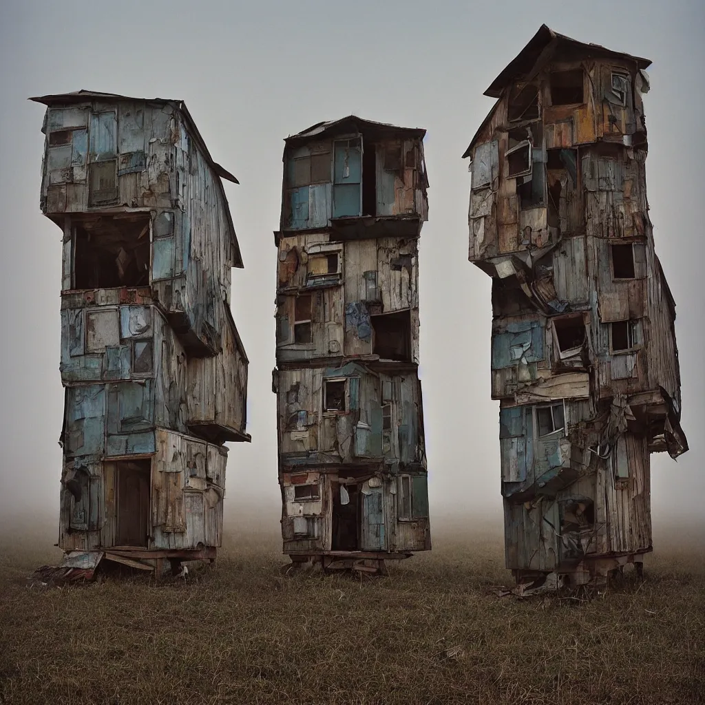 Image similar to two towers, made up of makeshift squatter shacks with faded colours, plain uniform sky at the back, uneven fog, dystopia, mamiya, f 1 1, fully frontal view, ultra sharp, very detailed, photographed by julie blackmon