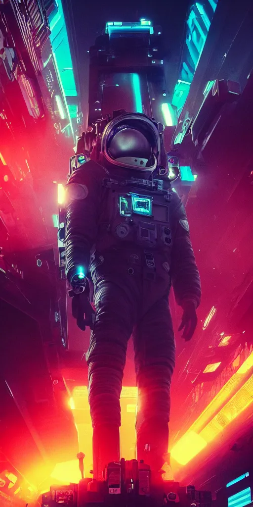 Prompt: professional photo of astronaut from front standing very close to camera from low angle shot, cyberpunk, synthwave, blade runner, hyperrealistic masterpiece, trending on artstation, cgsociety, kodakchrome, golden ratio, cinematic, composition, beautiful lighting, hyper detailed, sharp focus, octane render, 4 k, unreal engine