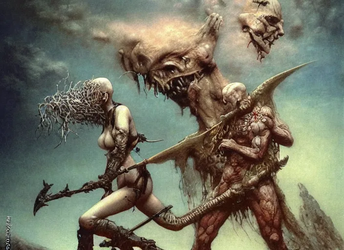 Prompt: bald barbarian girl fighting ethereal goblin princess by Beksinski and Luis Royo