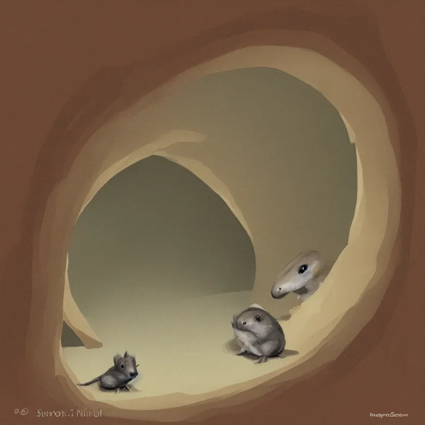 Prompt: a shrew in a little tunnel. pulp sci - fi art. soft lighting. muted colors. dark background