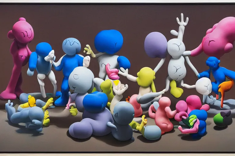 Prompt: deformed kaws figure by james jean and salvador dali and shusei nagaoka, oil on canvas, surrealism, neoclassicism, renaissance, hyper realistic, ultra detailed, cell shaded, 8 k