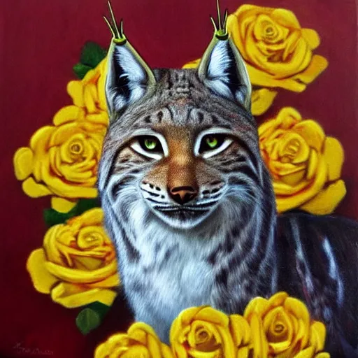 Prompt: lynx wearing a crown!! made out of golden roses, crown!!! crown, an expressive oil painting, high quality art,