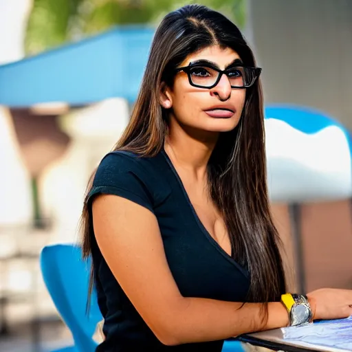 Prompt: a photo of mia khalifa being surprised, 50mm close up photography