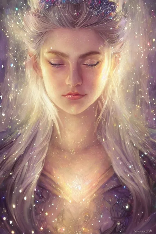 Image similar to Norse blonde goddess of glitter character portrait, lean face, cinematic lighting, hyper-detailed, cgsociety, blue eyes, 8k, high resolution, in the style of Charlie Bowater, Tom Bagshaw, alan lee, single face, symmetrical, headshot photograph, insanely detailed and intricate, beautiful, elegant, watercolor, cinematic, portrait, Raphaelite, headroom, artstation, Pierre-Auguste Renoir