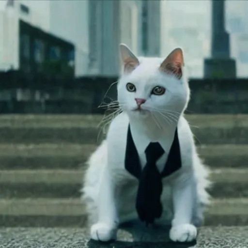 Prompt: a cat is wearing a suit, cinematic film still